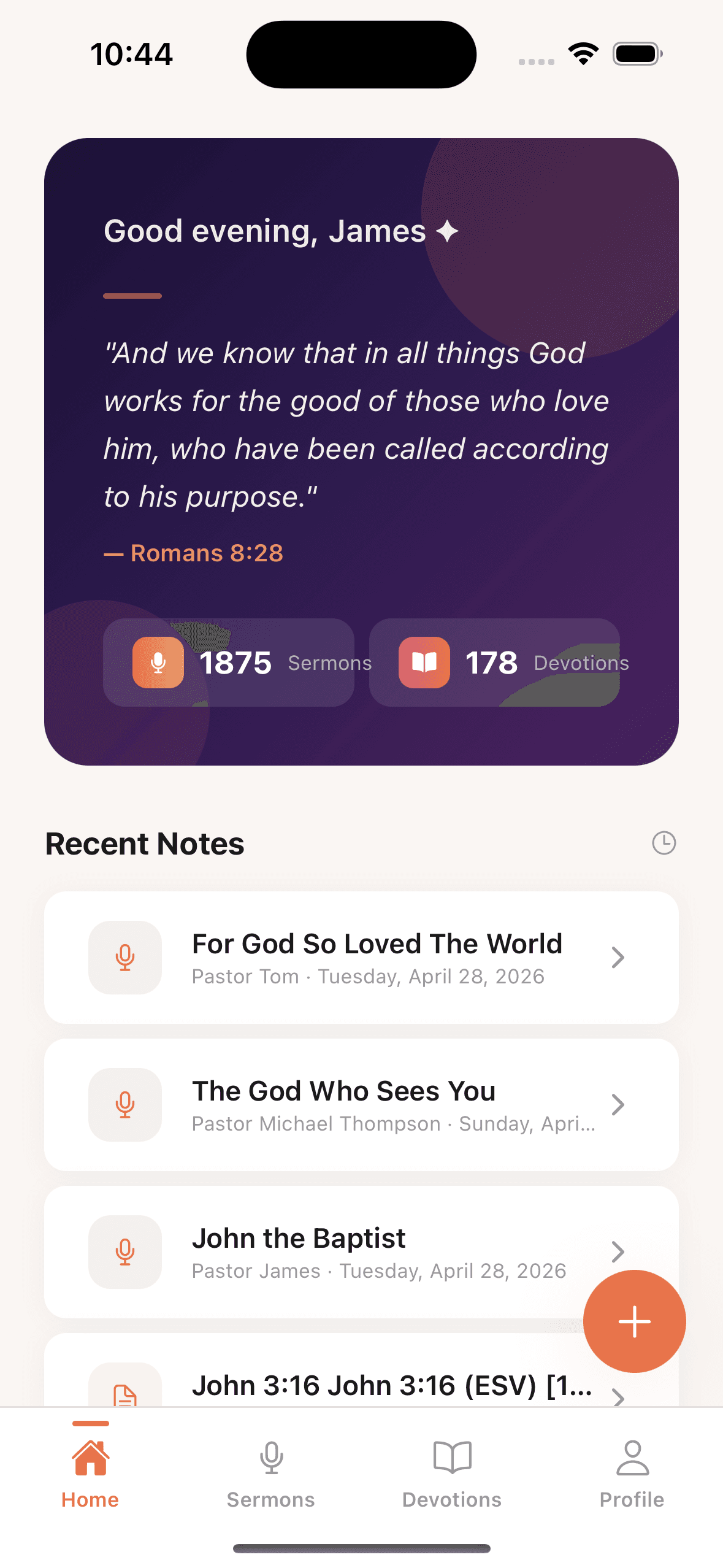 Church Notes home screen with verse of the day and quick actions