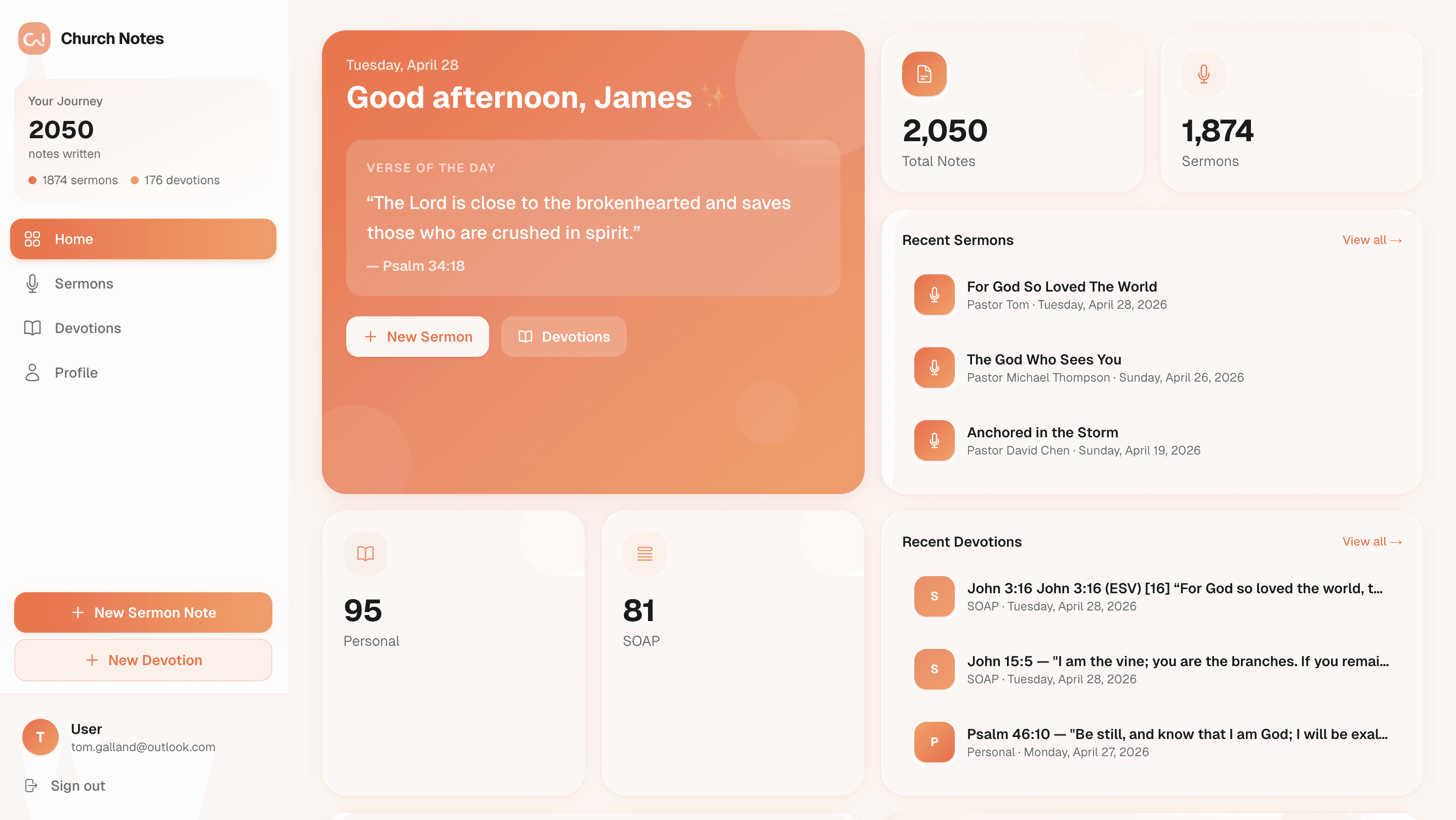 Church Notes app dashboard overview showing sermons and devotions