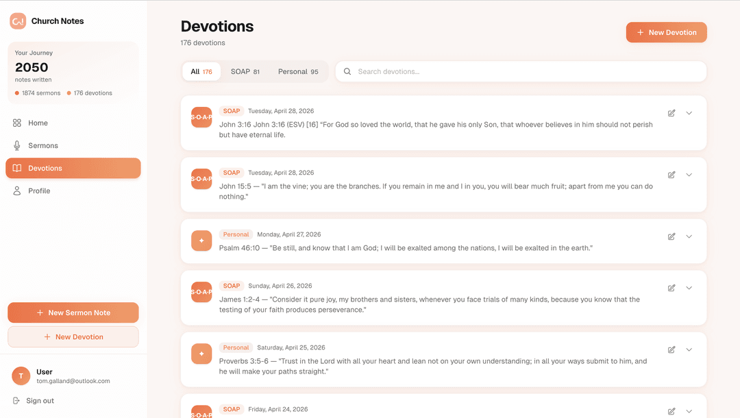 SOAP devotion template in the Church Notes church app