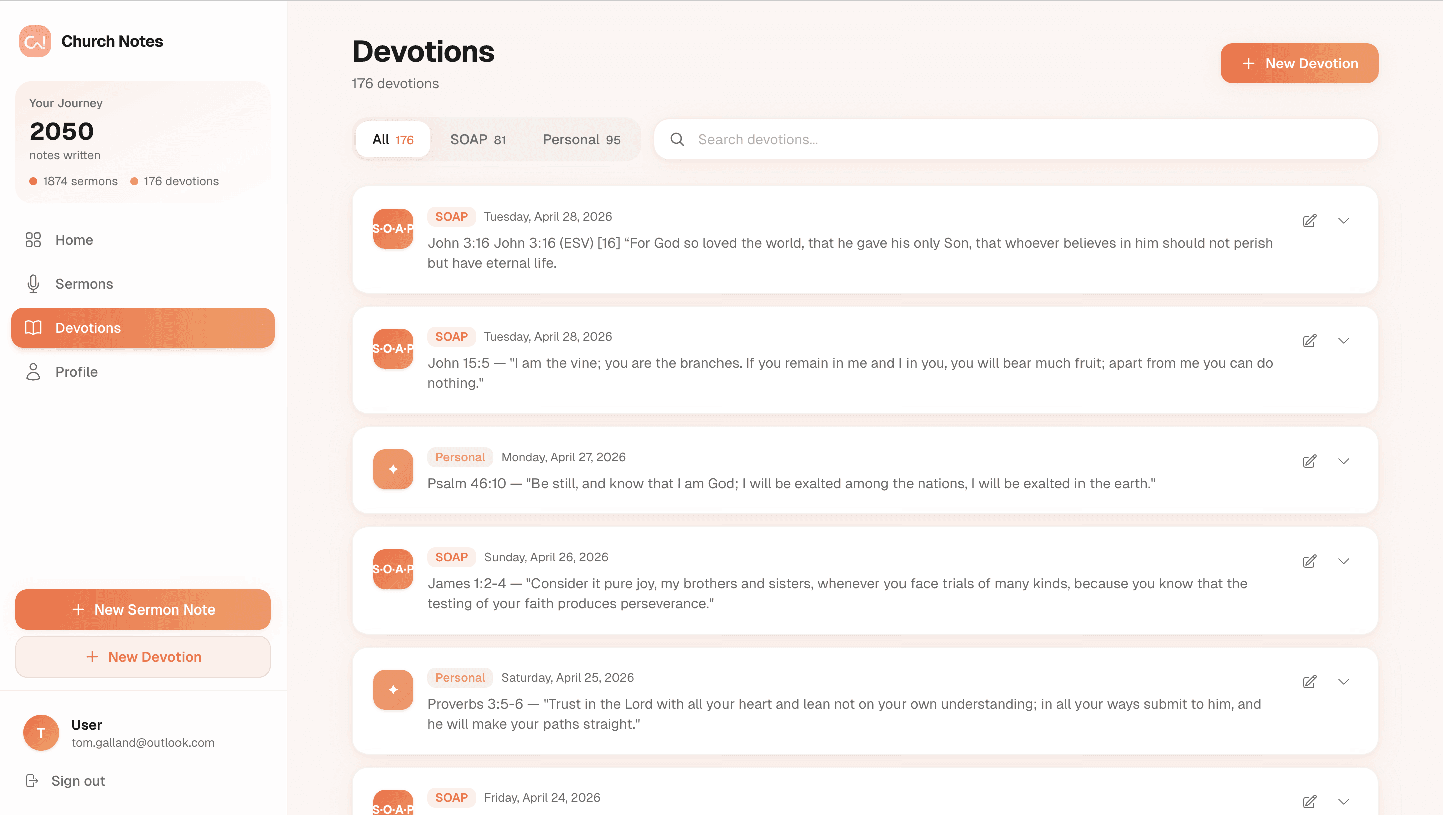 Church Notes online Bible journal showing devotion entries