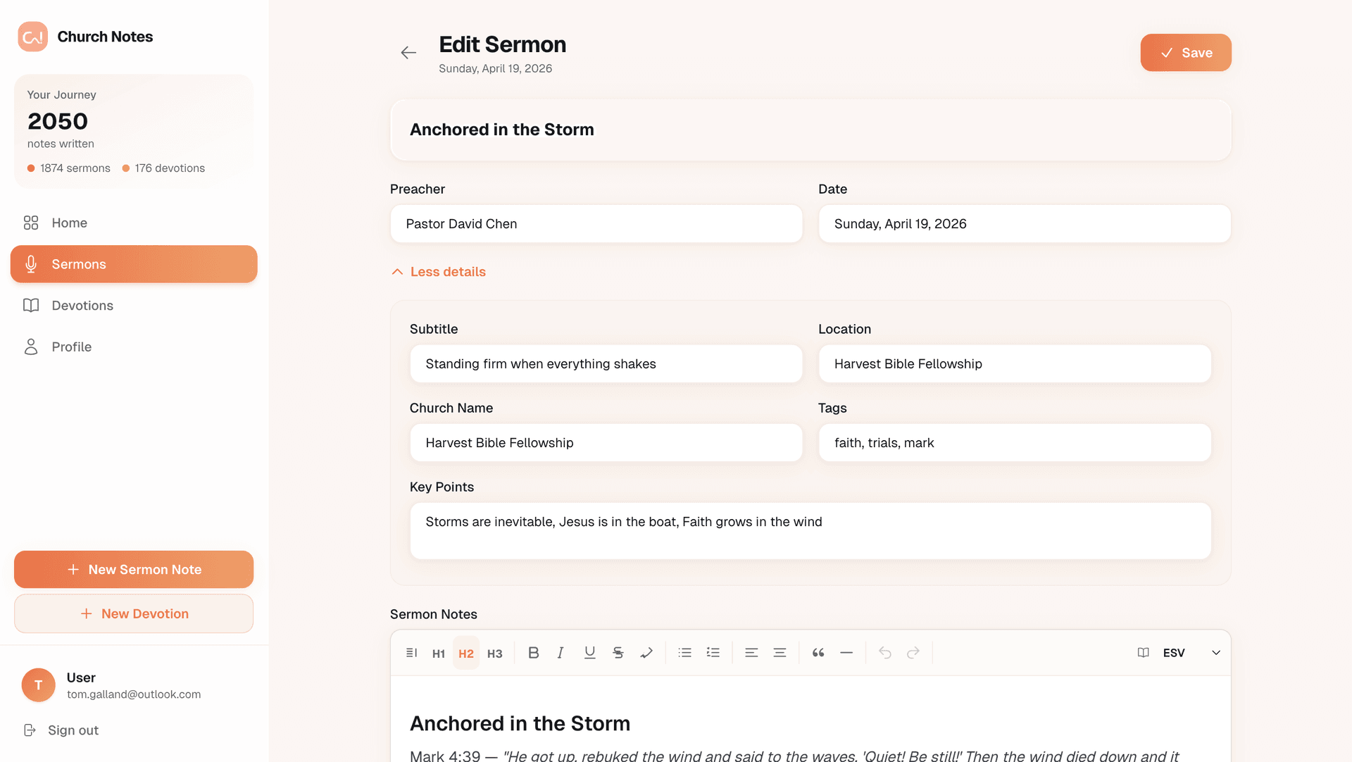 Completed sermon note with metadata, tags, and formatted content