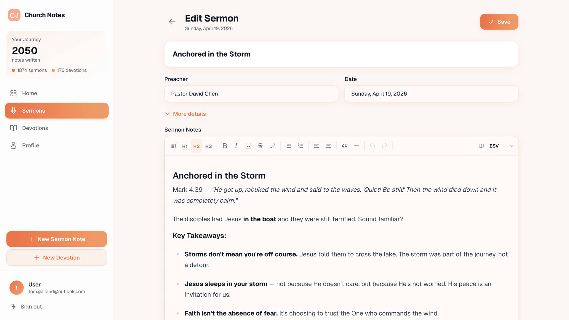 Sermon note with highlighted scripture passages and key points