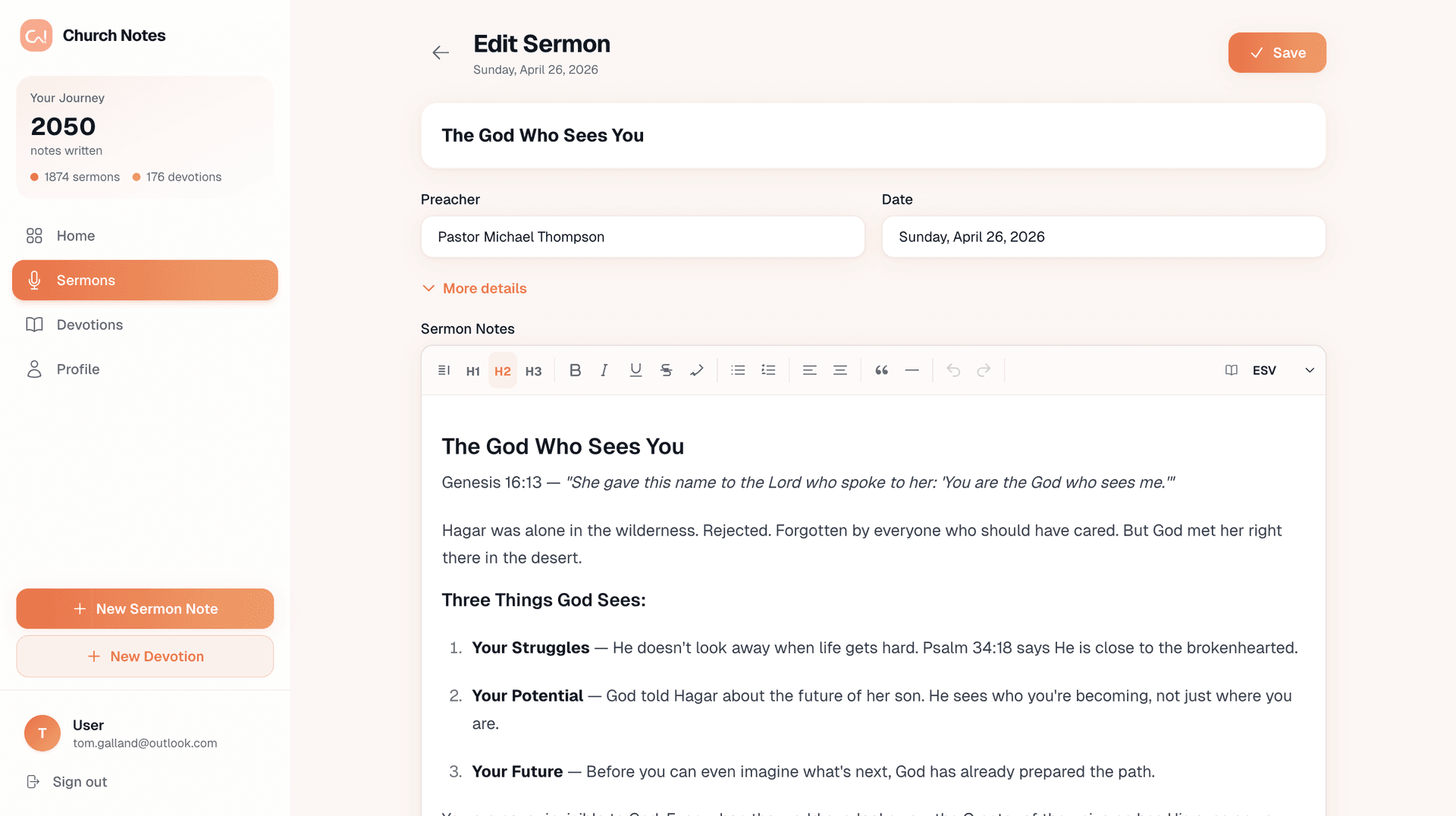 Editing a sermon note with auto verse detection highlighting John 3:16