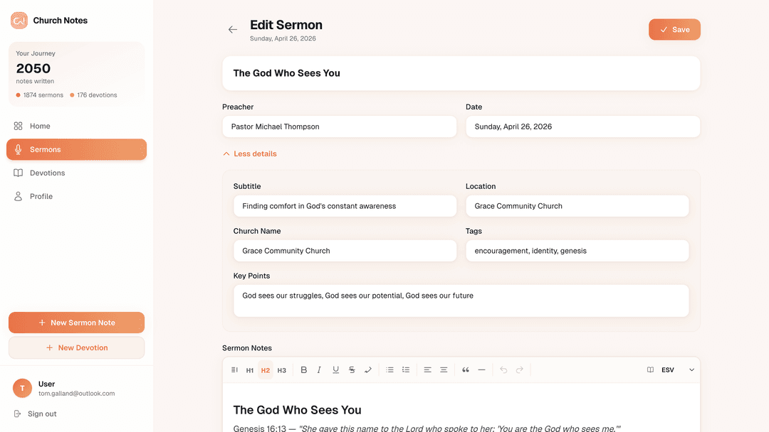 Sermon notes editor in the Church Notes app