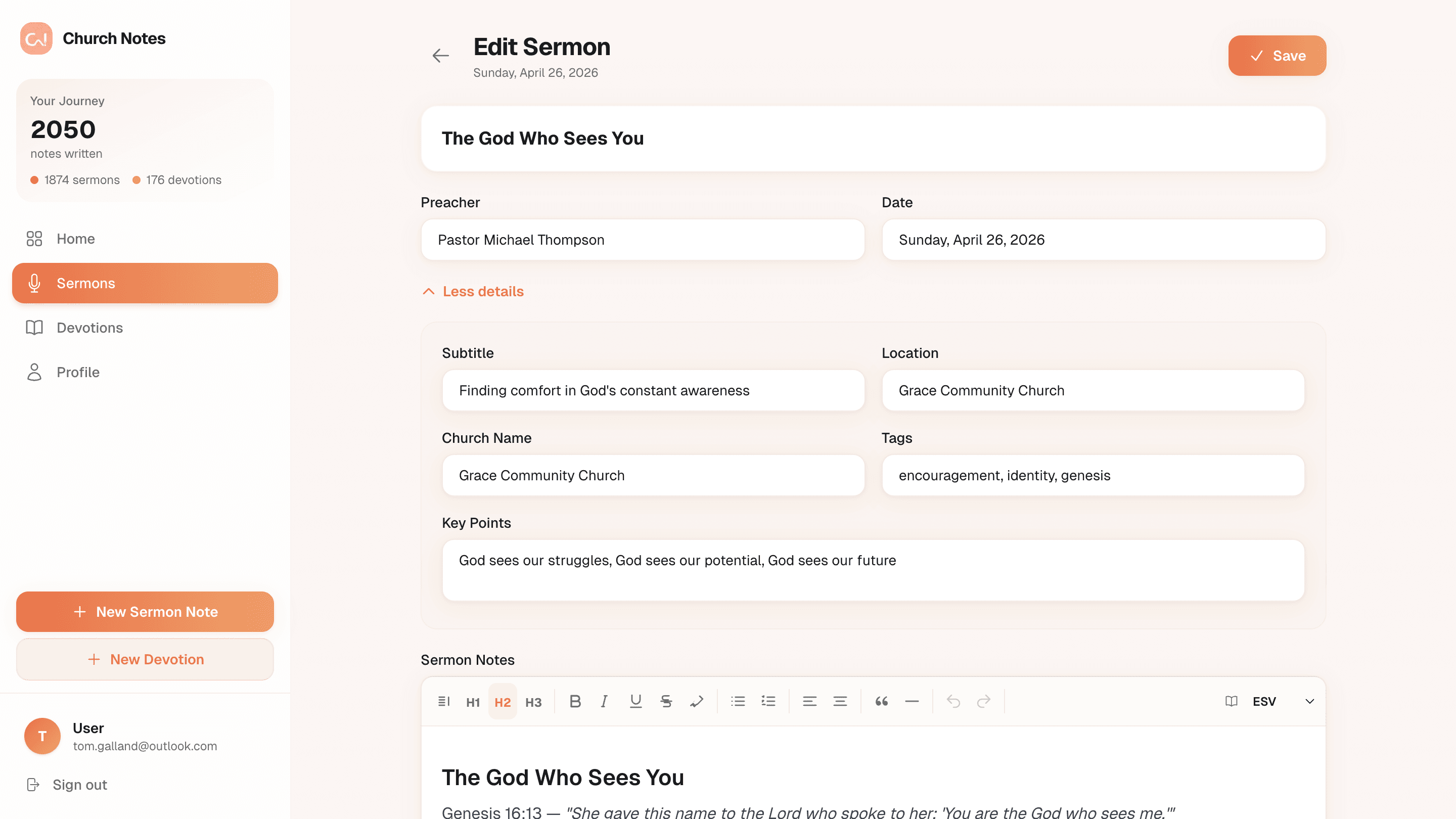 Church Notes editor showing auto verse detection inserting Bible verses as you type