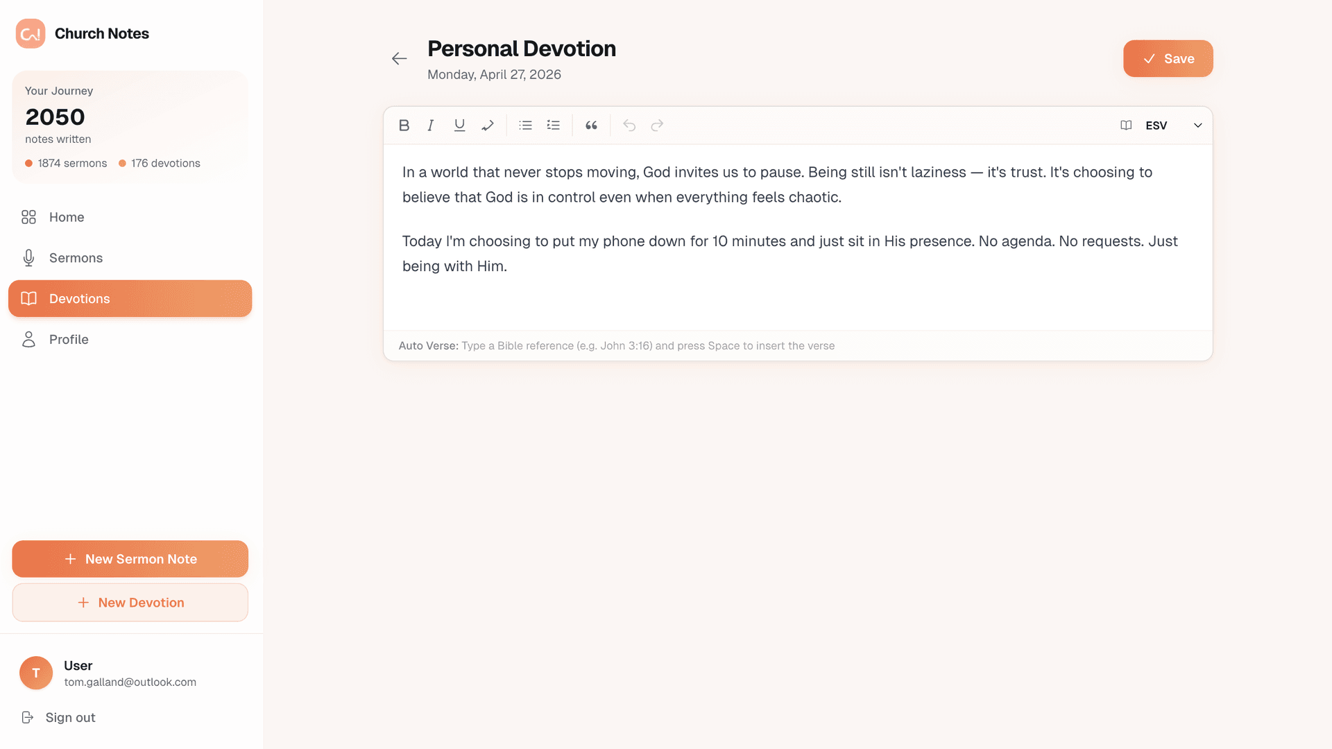 Personal devotion journal in Church Notes for free-form reflection