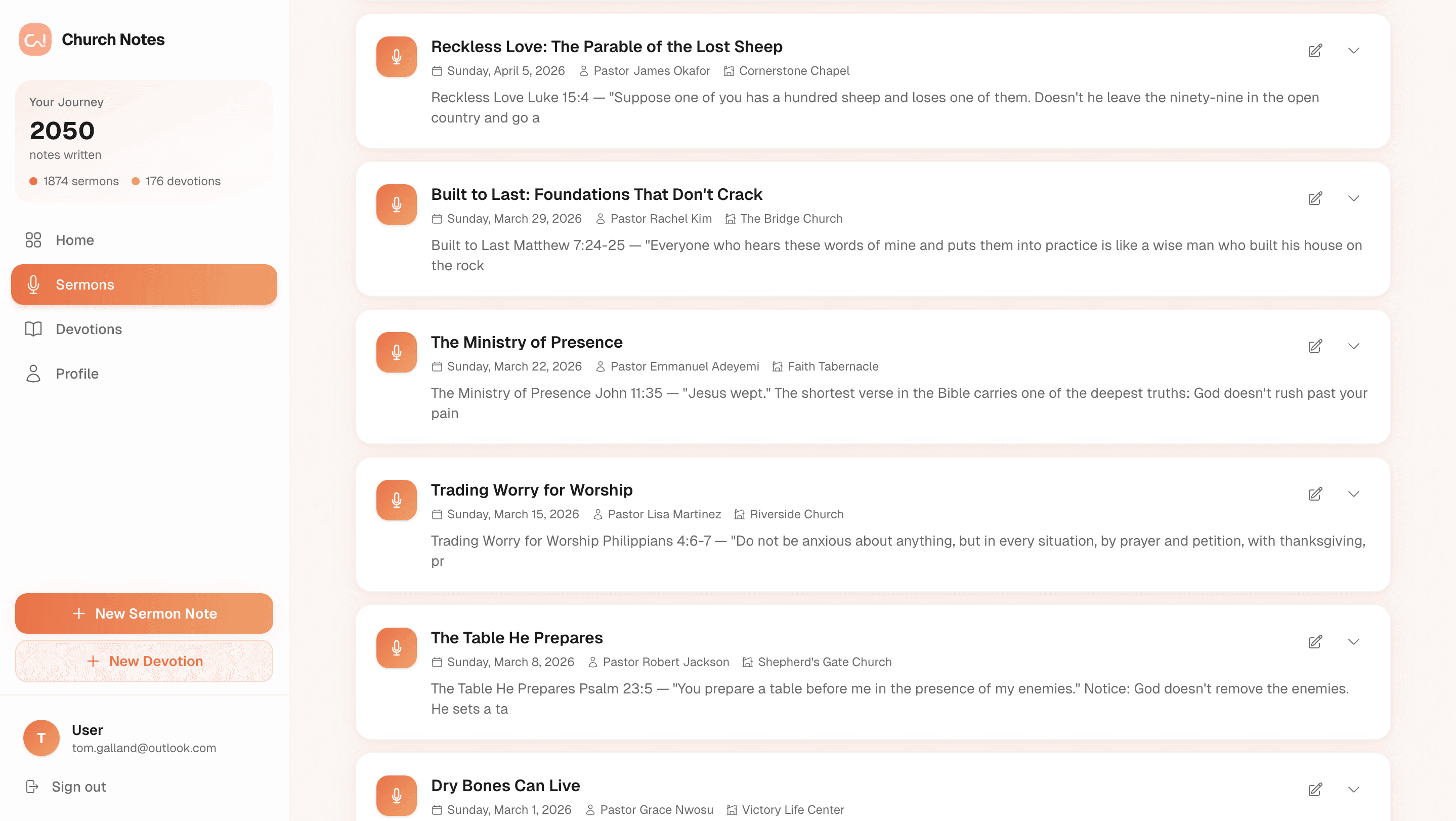 Church Notes sermon notes list showing saved sermons organised by date