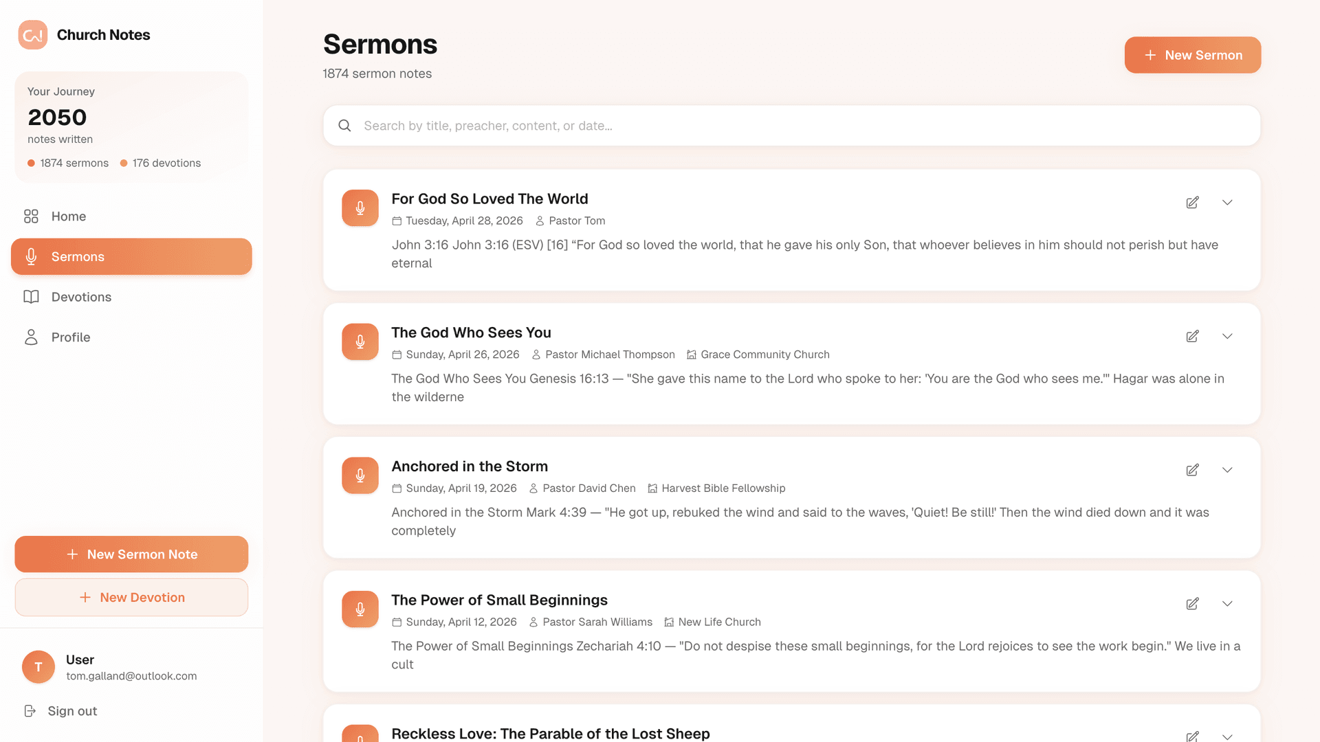 Sermon notes list organised by date