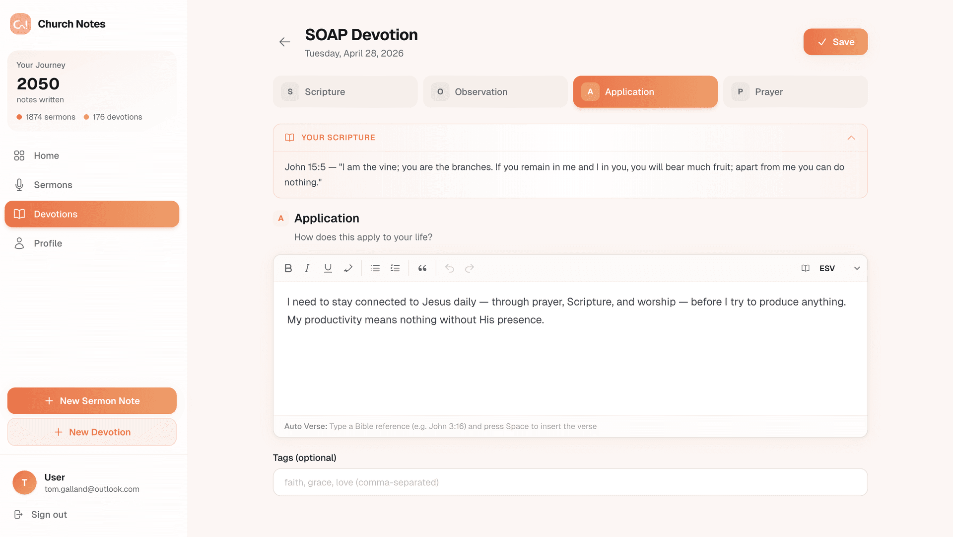 SOAP devotion journal entry in Church Notes app