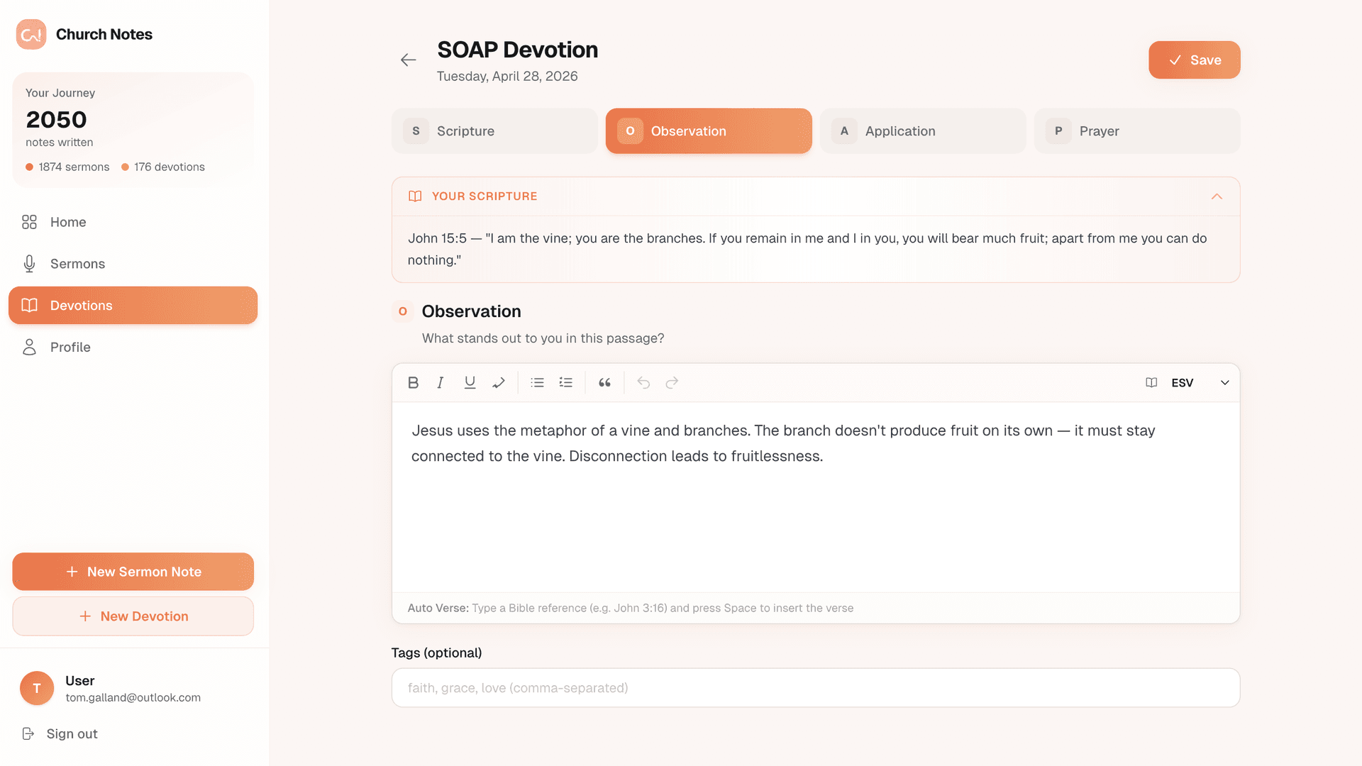 SOAP Observation step in Church Notes app showing the observation editor