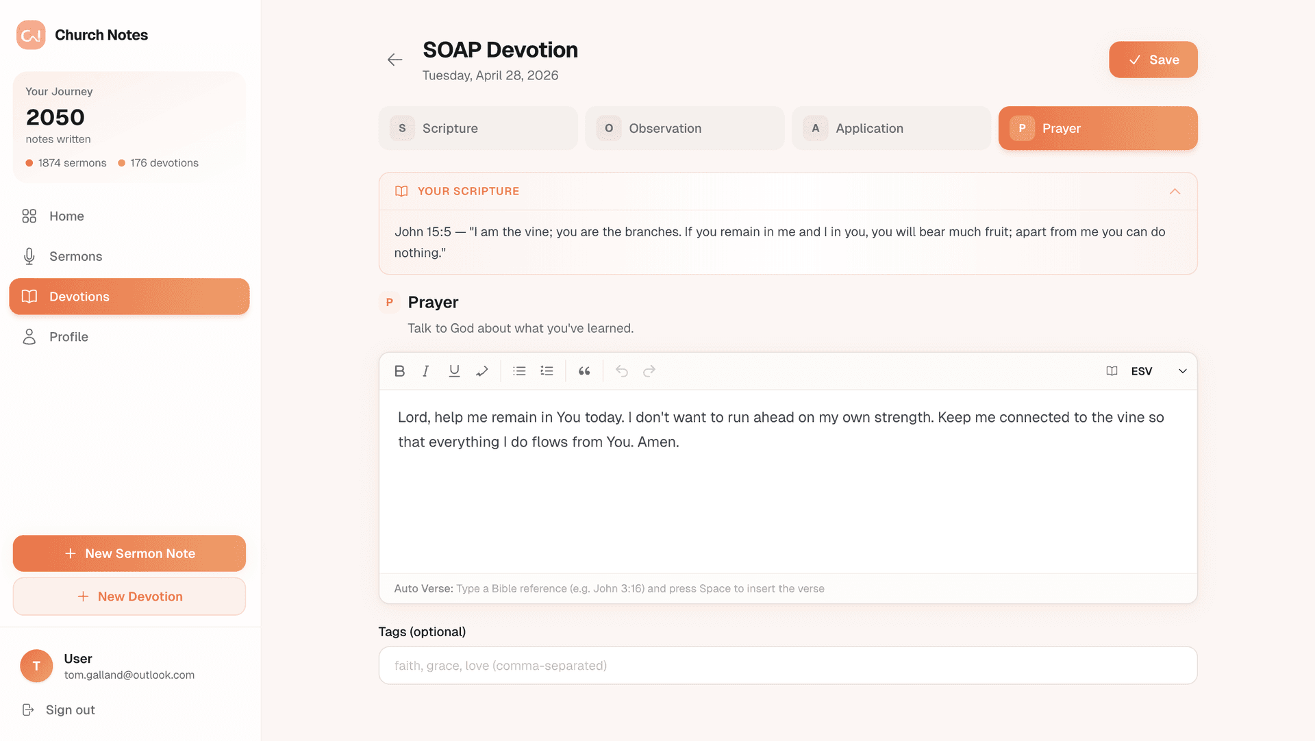 SOAP Prayer step in Church Notes app showing the prayer editor