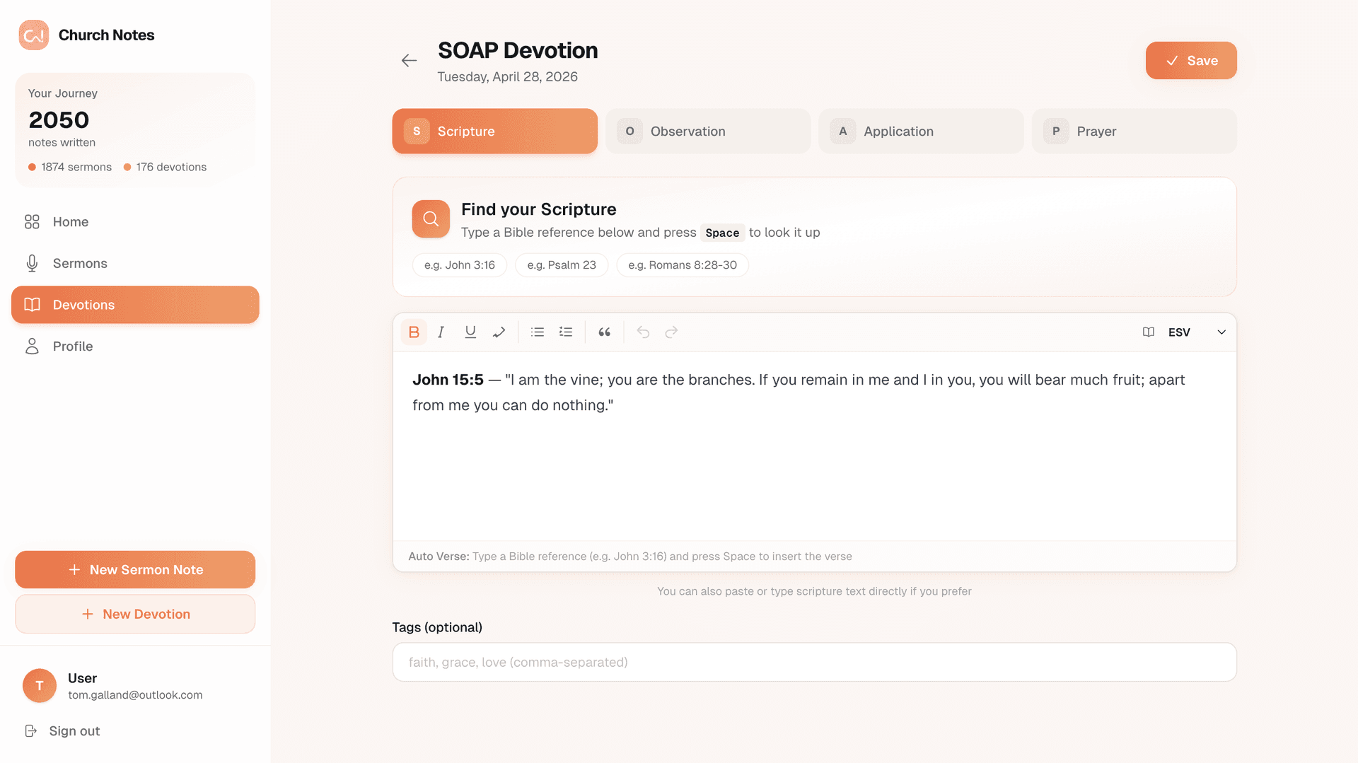 SOAP Scripture step in Church Notes app showing the scripture editor
